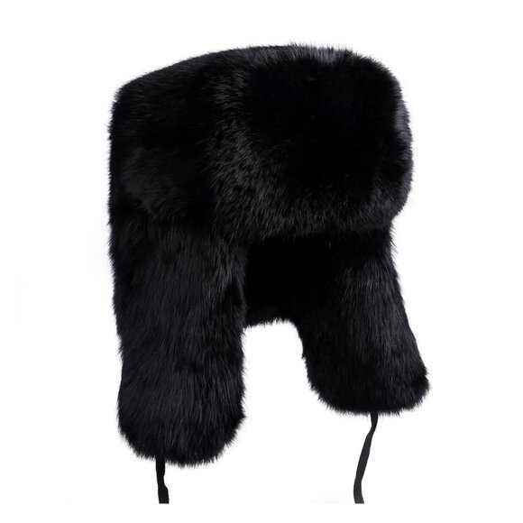 Frr Hat Natural Genuine Luxury Dyed Black Fox Fur Russian Leather Ties